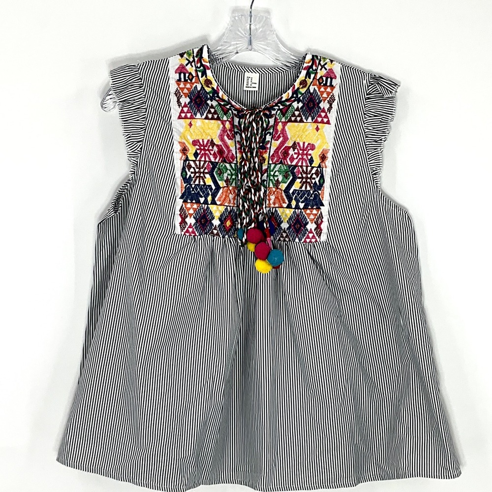 Floral Embroidery Pom Pom Tassels Striped Sleeveless Top Women Medium Boho
